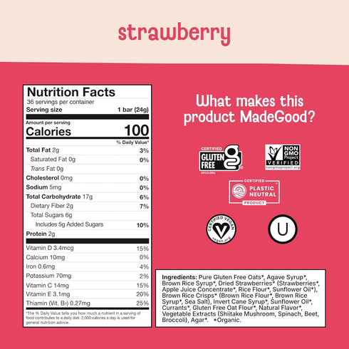 (36 Count, 0.85oz MadeGood Strawberry Granola Bars Each) Contain Nutrients from Vegetables, Gluten Free