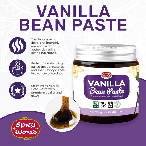 Spicy World 4oz 100% Vanilla Bean Paste Jar - All Natural & Pure - Made with Organic Agave Syrup - For Cooking, Baking