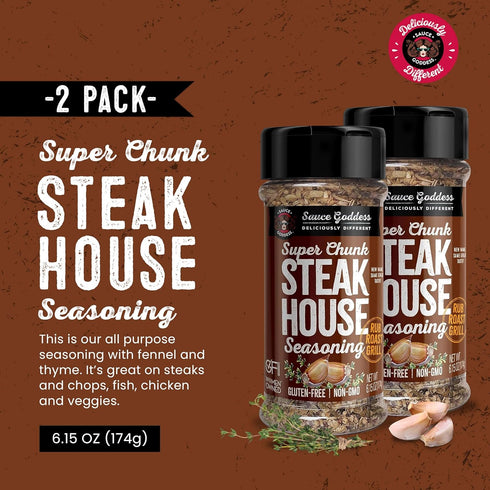 Sauce Goddess Super Chunk Steakhouse Spice Shaker (2-Pack) - Versatile, Delicious Steak Seasoning, BBQ Rub for Chops, Chicken and Veggies! Gluten-Free, Vegan, and No Sugar