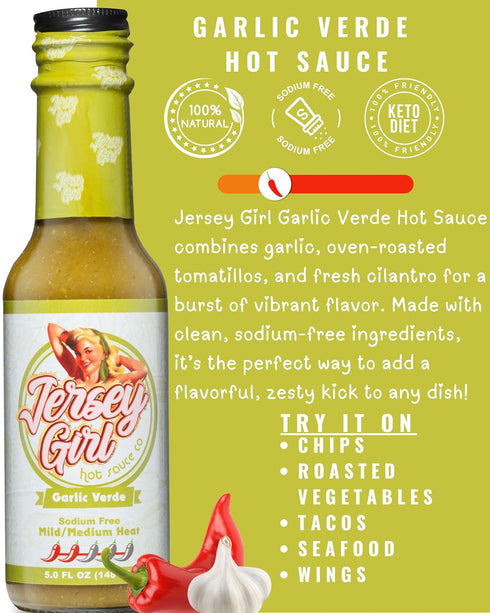 Jersey Girl Hot Sauce - Garlic Verde - No Added Salt - Naturally Sodium Free All-Natural Healthy Ingredients