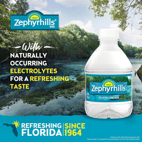 12 Pack 8 Oz Zephyrhills Florida Spring Bottled Water, - Still Drinking Water with Naturally Occurring Minerals