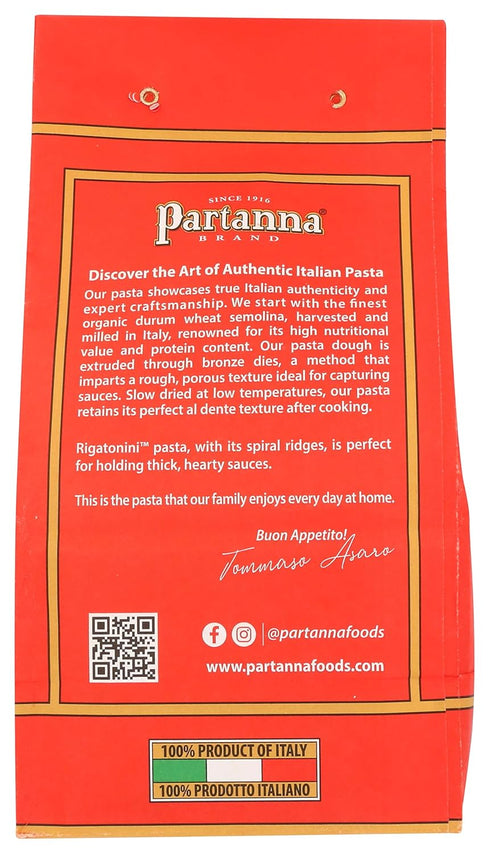 14 oz Partanna Organic Premium Rigatonini Italian Artisanal Pasta - Bronze Cut - Durum Wheat Semolina-Slow Dried