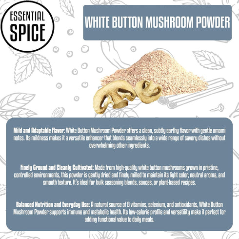 1 lb Essential Spice White Button Mushroom Powder, Mild Umami Flavor, Finely Ground Ideal for Soups, Sauces, Broths