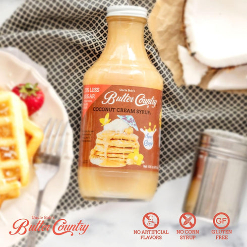 Country 16 oz Bottle/2 Pack Uncle Bob's Butter Rich & Creamy Coconut Syrup for Pancakes and Waffles, Less Sugar, No