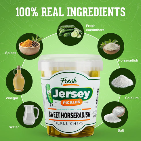 Jersey Pickles - Sweet Horseradish Chips (Quart) - Fresh, Keto-Friendly, and Perfect for Snacks, Sandwiches, or Salads