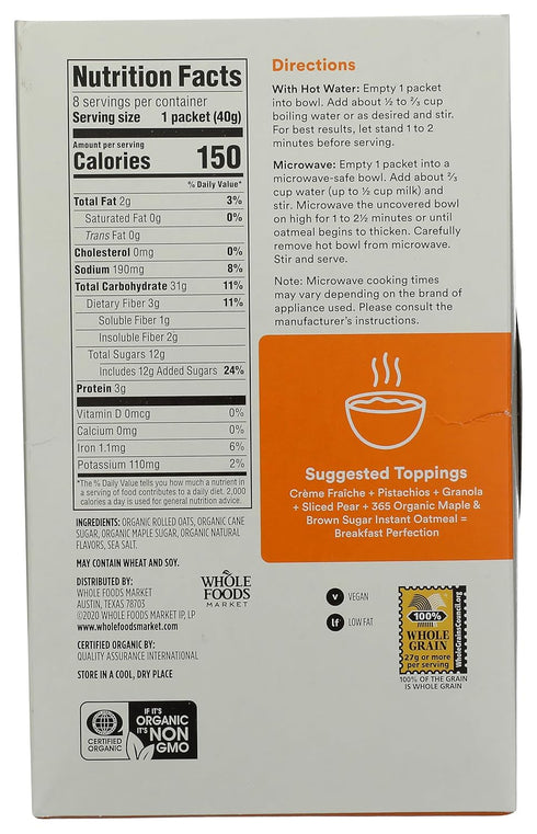 365 8 Pack, 11.3 OZ by Whole Foods Market Organic Maple & Brown Sugar Instant Oatmeal