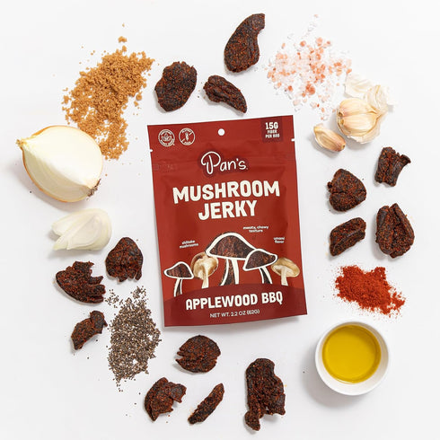 Pan's Mushroom Jerky - Organic Vegan Snacks, Dried Shitake Mushrooms, Gluten Free, Applewood BBQ Flavor (2.2 oz)