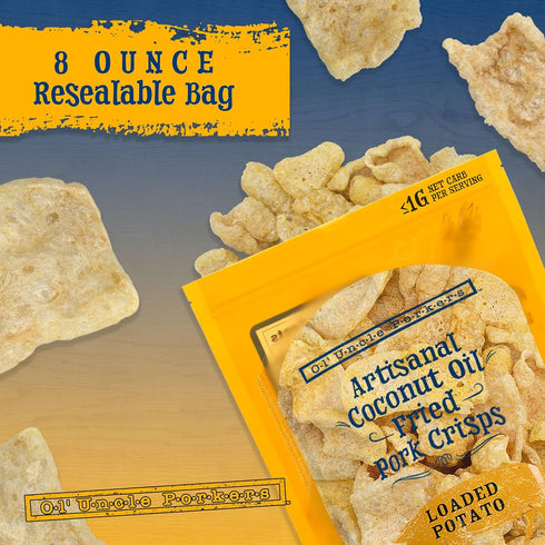 8 oz Pack 1) Ol' Uncle Porkers Keto-Friendly Pork Rinds Fried in Coconut Oil, Bags, (Loaded Baked Potato Flavor