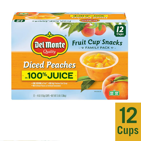 100% 12 Pack, 4 oz DEL MONTE Diced Peaches FRUIT CUP Snacks in Fruit Juice