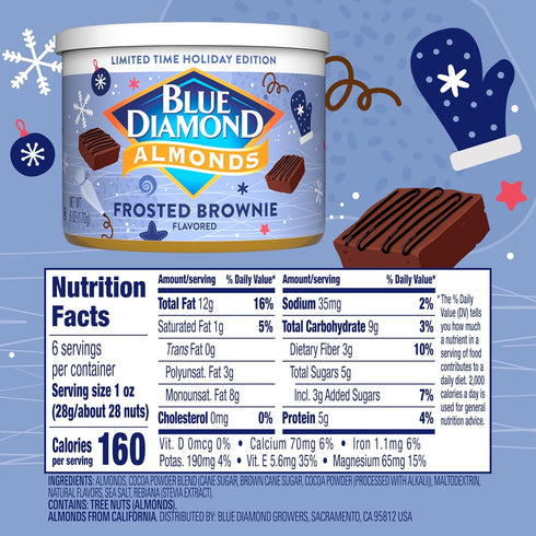 6oz Blue Diamond Almonds, Holiday Frosted Brownie Flavored Sweet Snack Nut Almonds Perfect Size for On-The-Go, Holidays