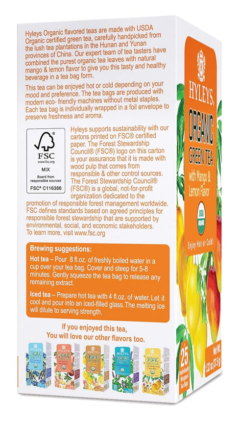 Hyleys Organic Green Tea Mango and Lemon Flavor - 25 Tea Bags
