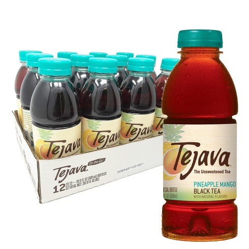 Tejava Pineapple Mango Black Iced Tea, 12 Pack, 16.9oz PET Bottles, Unsweetened,