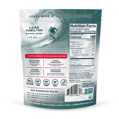 100% 8 oz. Pack 1 Laird Superfood Instant Latte Arabica Coffee Sweet & Creamy, Non-Dairy, Superfood Creamer, Gluten