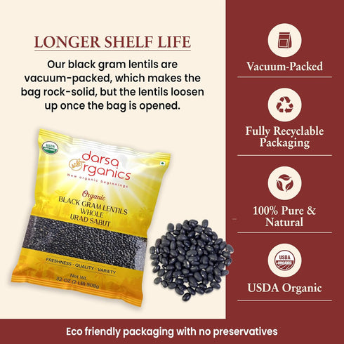 2lb Darsa Organics Urad Dal Whole - Organic Dried Lentils - USDA Certified Black Lentils, Non-GMO, Gluten Free, Kosher