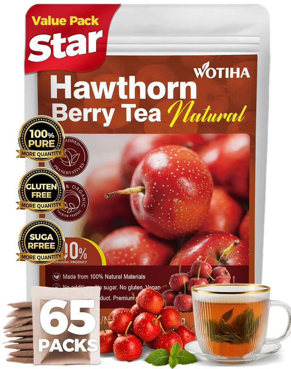 WOTIHA 65 Count Premium Hawthorn Berry Tea Bags - 100% Natural, Aids Digestion,