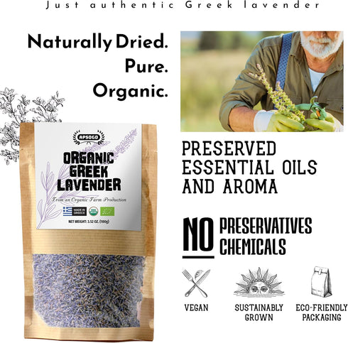 1.76 oz Apsogo Organic Greek Lavender Flowers - Dried Culinary Lavender Buds for Tea, Baking & Sachets - Organic