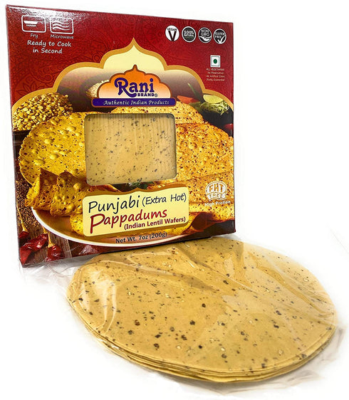 Rani Pappadums Punjabi Papad - Extra Hot, 7oz (200g) Approximately 15pc, All Natural, Vegan, Gluten Friendly