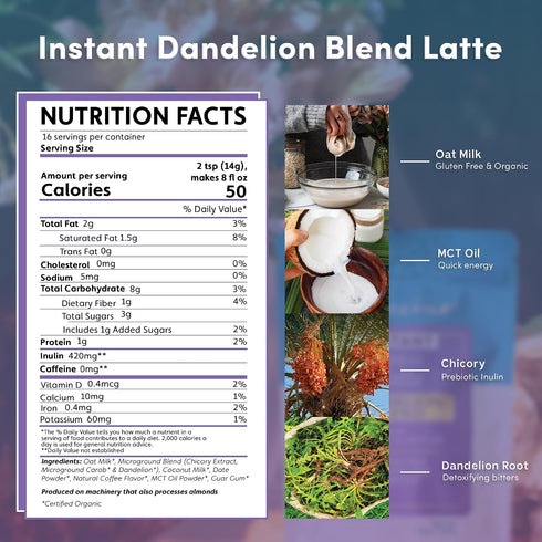 14 7.9 Teeccino Organic Instant Dandelion Herbal Latte Servings Creamy Oat & Coconut Latte with a Blend of Roasted