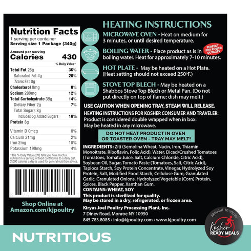 (3 Pack) KJ Poultry Kosher Parve Ready Meals - Baked Ziti, MRE Meals Ready to Eat, Halal, Prepared Entree Fully Cooked