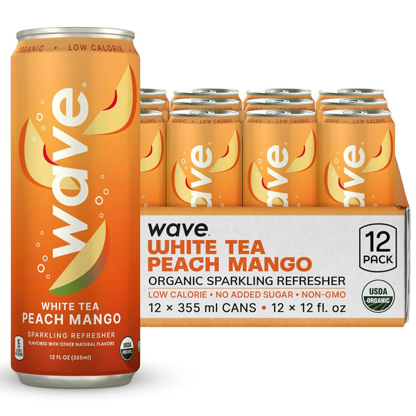 WAVE Organic Sparkling Drink | Low Calorie Drink, Peach Mango Lightly Carbonated
