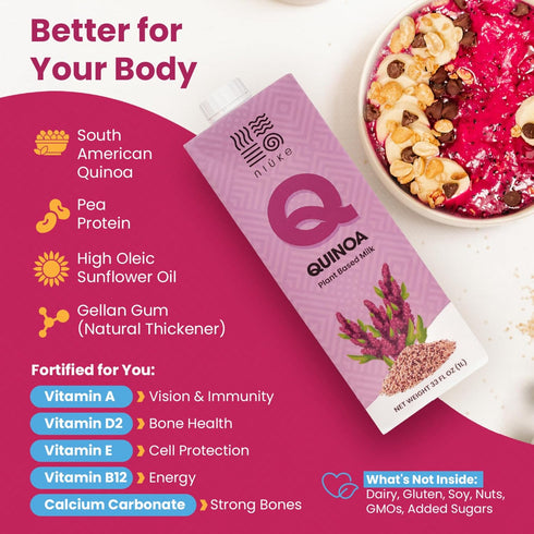 NIUKE 1L (33 Oz) Quinoa Milk Plant-Based, Dairy-Free Milk Alternative, Creamy, Gluten-Free, Kosher, Vegan, High Protein