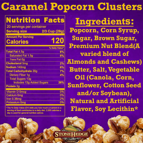 20 oz Stonehedge Farms Gourmet Caramel Popcorn Clusters | Reclosable Container | Mix Of Pop corn, Cashews, Almonds