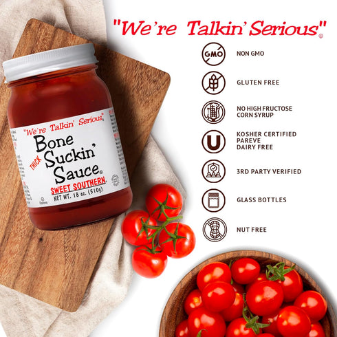 Bone Suckin' Sauce Sweet Southern Thick BBQ Sauce, 18 oz Glass Bottle - Gluten-Free, Non-GMO, Kosher