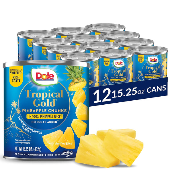 Dole Canned Fruit, Tropical Gold Pineapple Chunks in 100% Pineapple Juice, Gluten