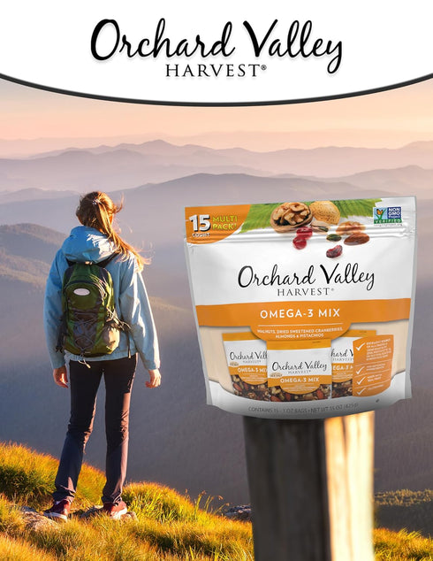 Omega-3 1 (Pack 15), Orchard Valley Harvest Mix, Ounce Bags of Walnuts, Cranberries, Almonds, and Pistachios, Gluten