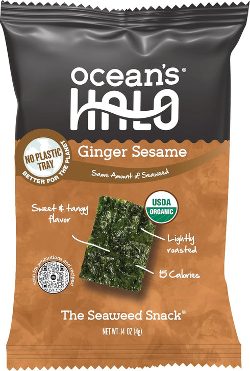 20-Pack (0.14 oz Oceans Halo Organic Seaweed Snacks Ginger Sesame, Trayless, Vegan, Crispy Salty Snacks, each)