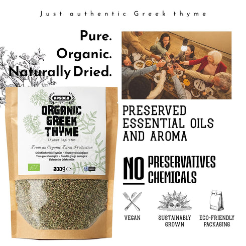 (7.05 oz) Apsogo Organic Greek Thyme Premium Dried Thyme Leaves from Greece Aromatic for Cooking, Tea & Seasoning