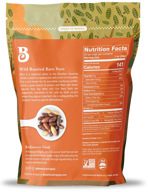 24 oz Botanica Baru Nuts, | Roasted | Wild | Unsalted | Non-GMO | Vegan, Keto and Paleo Friendly