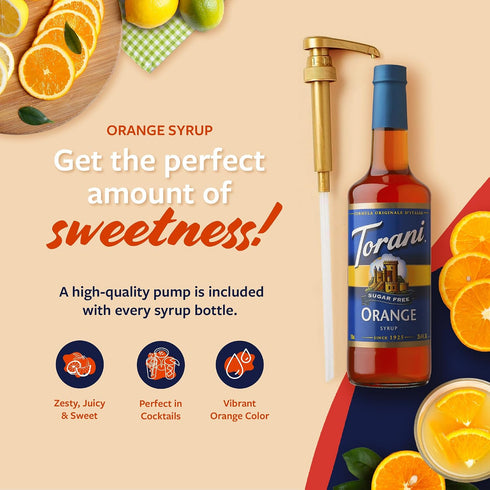 25.4 Oz Torani Sugar Free Syrup, Orange Flavoring for Drinks, Zero Calorie, Glass Bottle with Pump Included, Fl