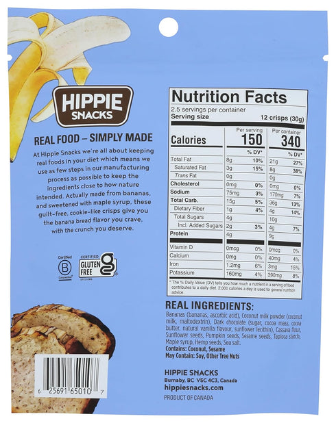 2.5 oz Hippie Snacks Banana Bread Crisps, Chocolate Flavor, Sweetened with Maple Syrup, Main Ingredient Banana, Gluten