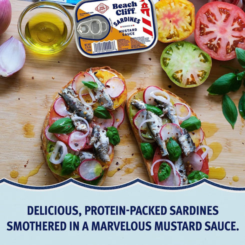 3.75 oz 16g (Pack 6) Beach Cliff Wild Caught Sardines in Mustard Sauce, Can - Protein per Serving - Gluten Free, Keto