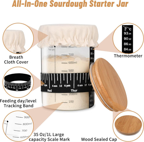 Xileanalee 2 Packs-35 Oz (2 Pro Sourdough Starter Jar Kit Sourdough Bread Starter Jar Kit with Date Marked Feeding