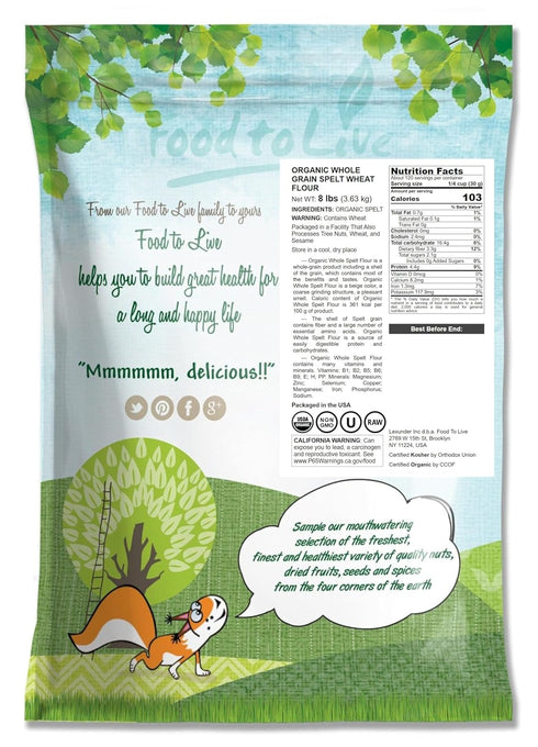 8 Food to Live Organic Spelt Flour, Pounds Whole Grain, Non-GMO, Kosher, Vegan, Bulk, Great for Baking Bread, Product