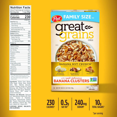 Great Grains 15.5 OZ Banana Nut Crunch Breakfast Cereal for Adults, Made with Whole Grain, Non-GMO, Heart Healthy, Box