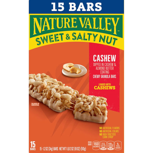 15 18 oz Nature Valley Sweet and Salty Nut Granola Bars, Cashew, Bars