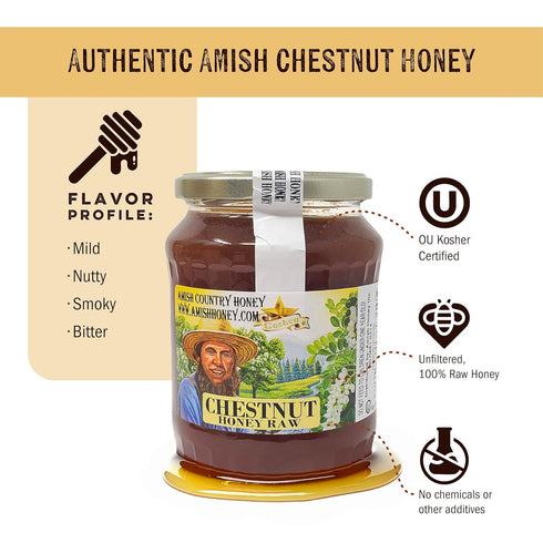 Country Wellbeing 32oz Goshen Amish Extremely Raw Chestnut Honey - Unfiltered, Unprocessed, Pure & Natural - Harvested