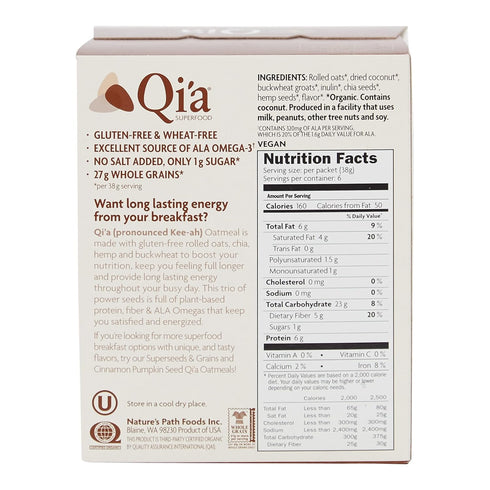2 6 Packets (12 Packets (8 oz Qi'a Superfood Organic Hot Oatmeal - Creamy Coconut - Boxes with Each Box Total) each)