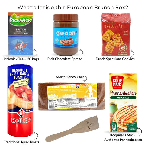 DeReuze European Breakfast Gift Basket with Dutch Pancake Mix Morning Tea Holland Rusk Toast Honey Cake and More Warm