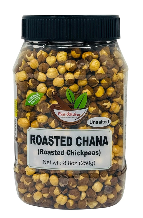 DESI KITCHEN AUTHENTIC INDIAN PRODUCTS Desi Kitchen Roasted Chana (Chickpeas) Unsalted 8.8oz (250g) PET Jar ~ No