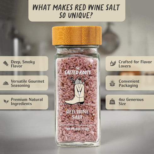 4oz The Salted Roots - Red Wine Salt - Bold & Smoky Seasoning - Infused with Red Wine, Peppercorn, Garlic & Lemon