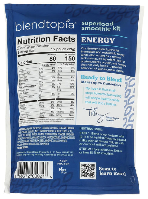 Blendtopia 7 OZ Organic Energy Blend Superfood Smoothie