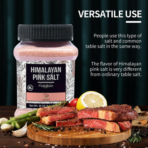 39oz (2.4 LB), Soeos Himalayan Pink Salt, Fine Grain, Non-GMO Himalayan Salt, Kosher Salt, Pink Himalayan Sea Salt