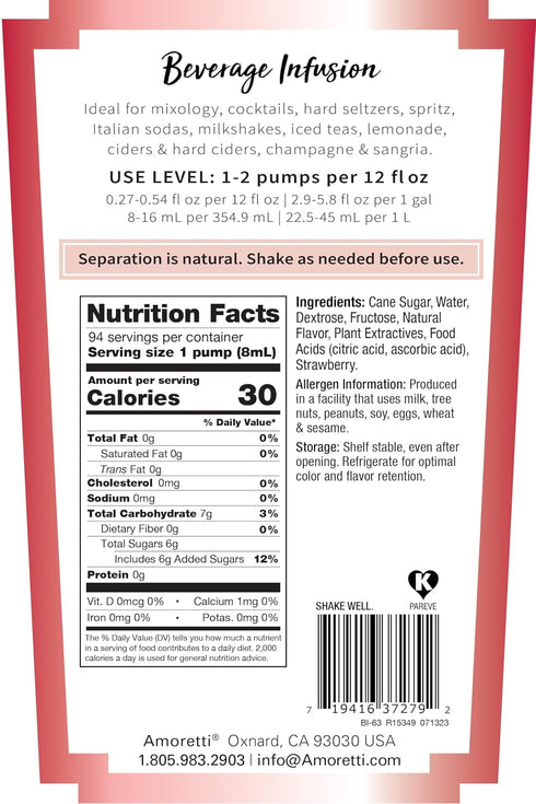 94 (750 ml) Amoretti - Wild Strawberry Beverage Infusion, Servings Per Bottle - Drink Mix & Water Enhancer with Pump