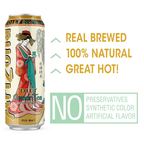 22 Oz (Pack 24) AriZona Diet Green Tea with Ginseng and Honey - Big Can, Fl