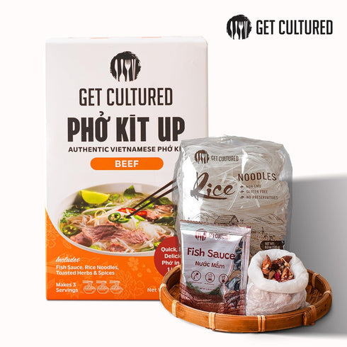 8.9 oz (3 Get Cultured Box Beef Pho Kit Authentic Vietnamese Pho Broth Base With Spice Bag, Rice Noodles, Fish Sauce