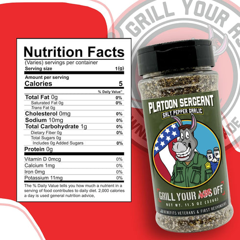 Platoon Sergeant Garlic Salt Pepper by Grill Your As Off - BBQ Seasoning for Beef, Pork, Chicken - 11.5oz